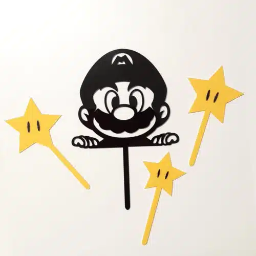 Caketopper mario hoofd zwart en gele sterren