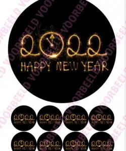 Eetbare Taartprint Happy New Year goud-zwart klok - 18 cm rond + 8 cupcake rondjes