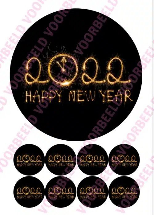Eetbare taartprint happy new year goud-zwart klok - 18 cm rond + 8 cupcake rondjes