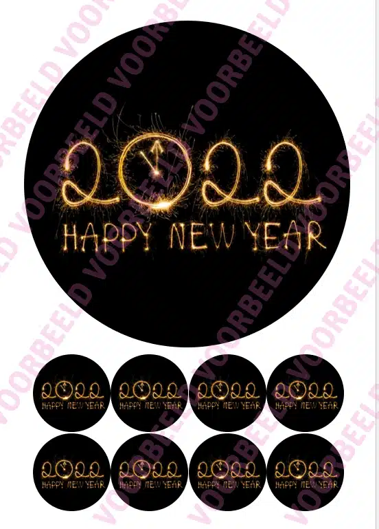 Eetbare taartprint happy new year goud-zwart klok - 18 cm rond + 8 cupcake rondjes bij cake, bake & love 5 Eetbare taartprint happy new year goud-zwart klok - 18 cm rond + 8 cupcake rondjes