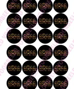 Eetbare Cupcakeprint Happy New Year goud-zwart klok - 24 cupcake rondjes