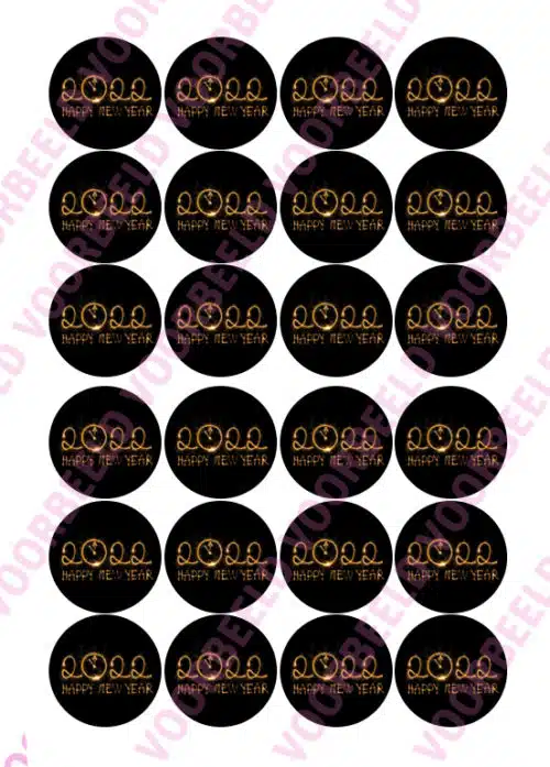 Eetbare cupcakeprint happy new year goud-zwart klok - 24 cupcake rondjes