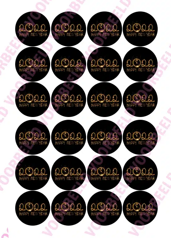 Eetbare cupcakeprint happy new year goud-zwart klok - 24 cupcake rondjes bij cake, bake & love 5 Eetbare cupcakeprint happy new year goud-zwart klok - 24 cupcake rondjes
