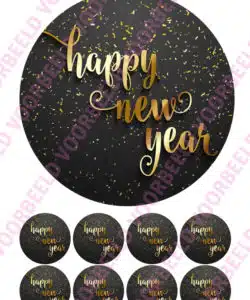 Eetbare Taartprint Happy New Year tekst goud - 18 cm rond + 8 cupcake rondjes
