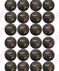 Eetbare Cupcakeprint Happy New Year tekst goud - 24 cupcake rondjes