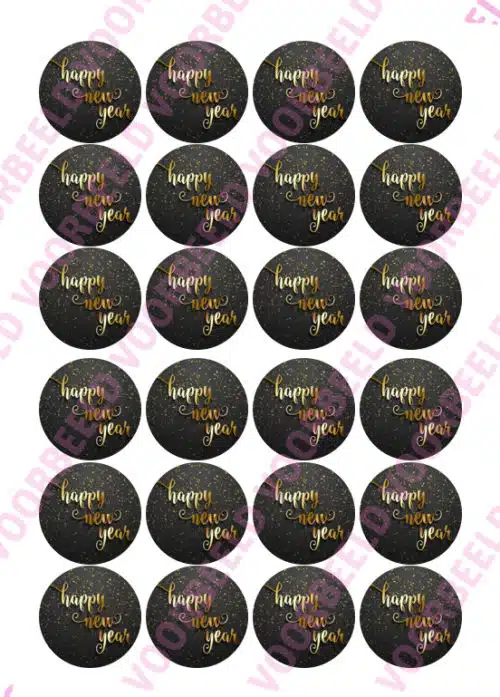 Eetbare cupcakeprint happy new year tekst goud - 24 cupcake rondjes