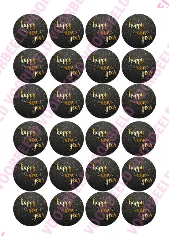 Eetbare cupcakeprint happy new year tekst goud - 24 cupcake rondjes bij cake, bake & love 5 Eetbare cupcakeprint happy new year tekst goud - 24 cupcake rondjes