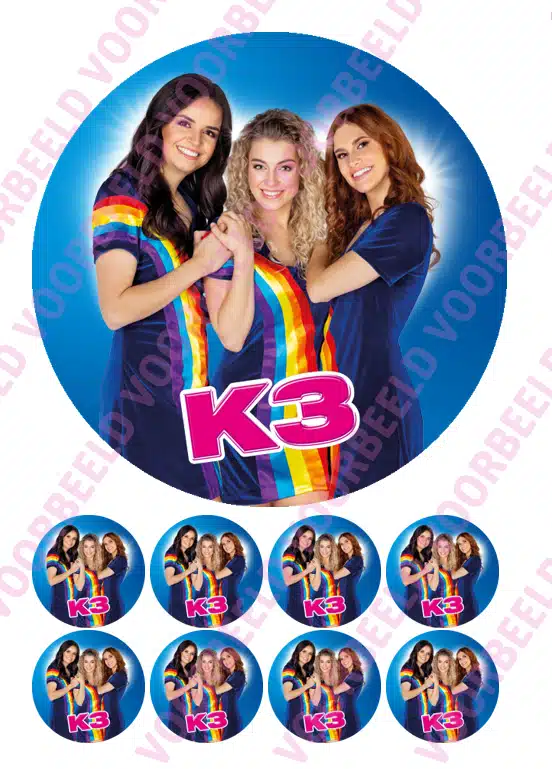 Eetbare taartprint k3 2022 - 18 cm rond + 8 cupcake rondjes bij cake, bake & love 4 Eetbare taartprint k3 2022 - 18 cm rond + 8 cupcake rondjes