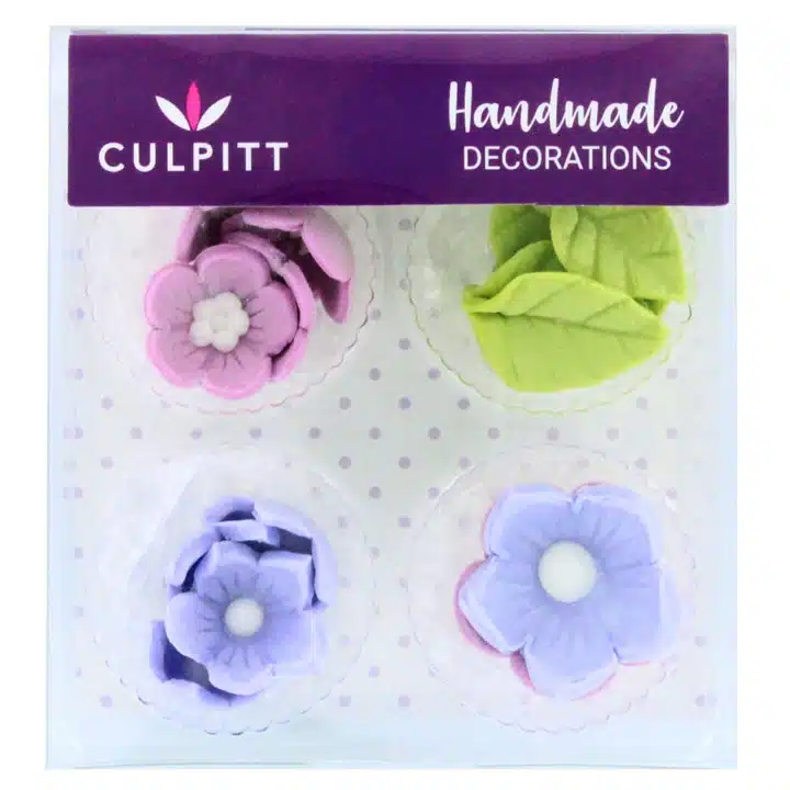 Culpitt suikerdecoratie bloemen & bladeren lila pk/16 bij cake, bake & love 5 Culpitt suikerdecoratie bloemen & bladeren lila pk/16