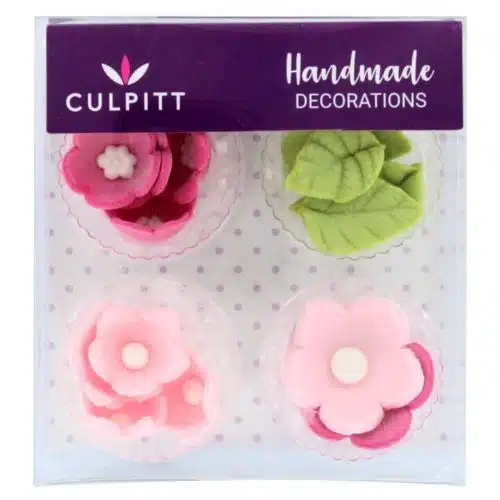 Culpitt suikerdecoratie bloemen & bladeren roze pk/16