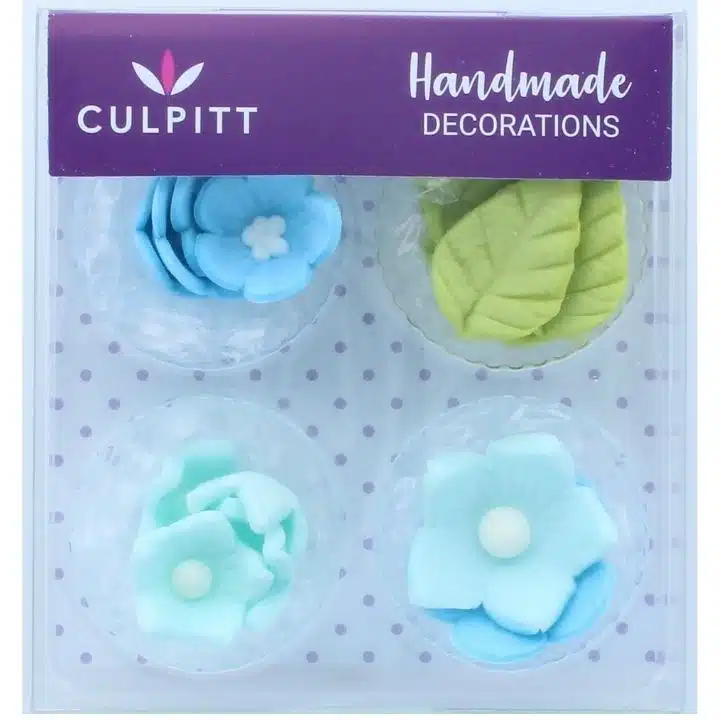 Culpitt suikerdecoratie bloemen & bladeren blauw pk/16 bij cake, bake & love 5 Culpitt suikerdecoratie bloemen & bladeren blauw pk/16