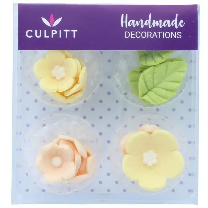 Culpitt suikerdecoratie bloemen & bladeren geel pk/16 bij cake, bake & love 5 Culpitt suikerdecoratie bloemen & bladeren geel pk/16