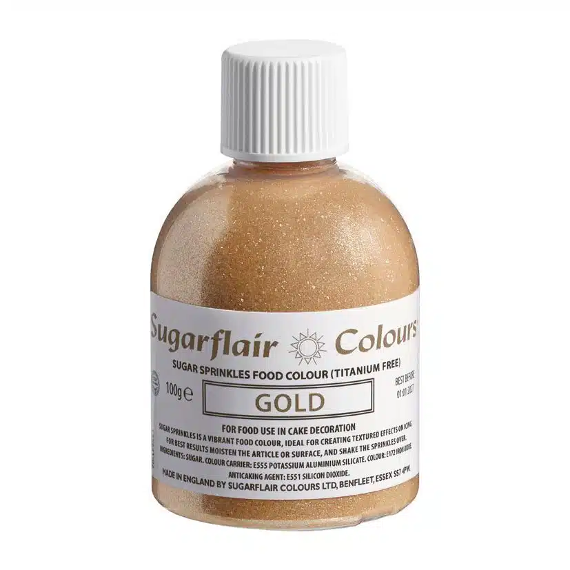 Sugarflair sugar sprinkles -gold- e171 free 100g bij cake, bake & love 5 Sugarflair sugar sprinkles -gold- e171 free 100g