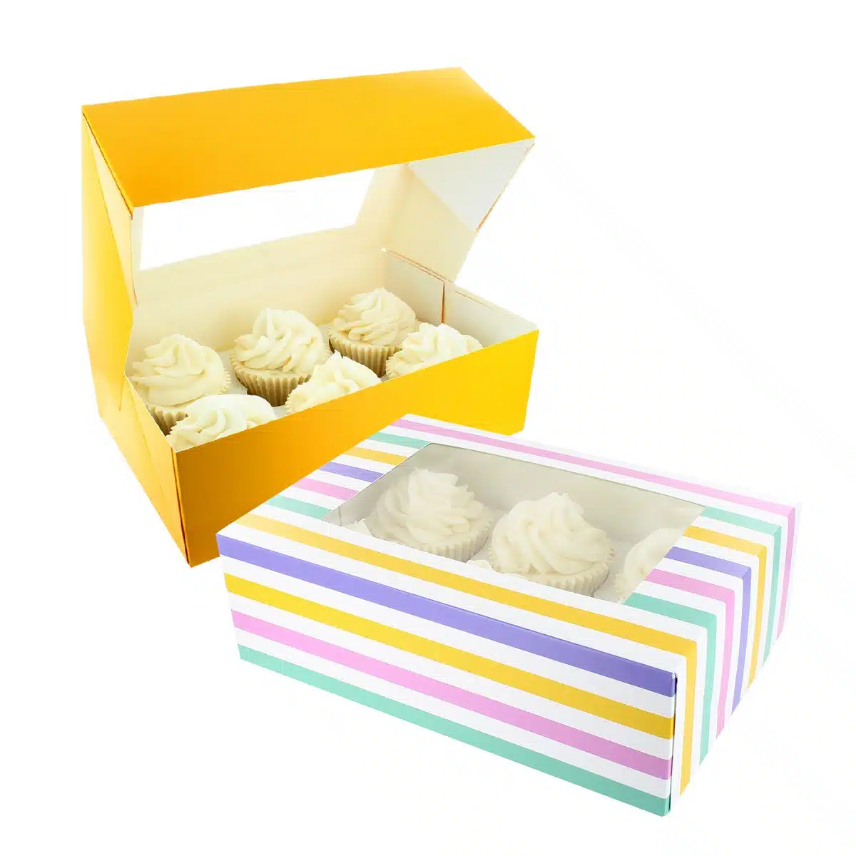 Baked with love cupcake doos geel en gestreept pk/2 bij cake, bake & love 5 Baked with love cupcake doos geel en gestreept pk/2