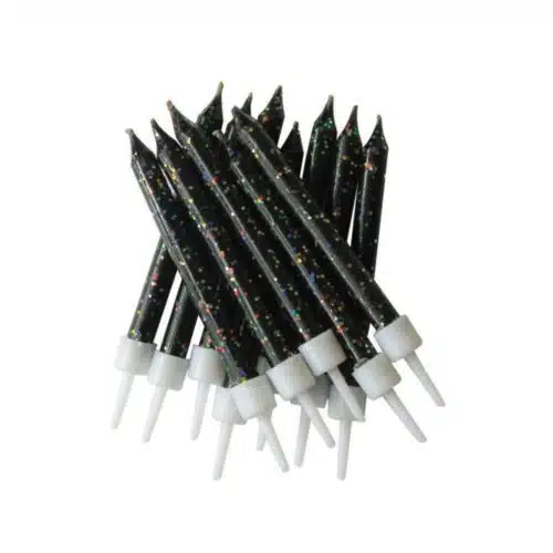 Anniversary house candles black glitter with holders pk/12