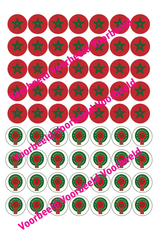 Eetbare cupcakeprint marokkaanse vlag + logo voor sweets (rondjes 2,5 cm doorsnede) bij cake, bake & love 5 Eetbare cupcakeprint marokkaanse vlag + logo voor sweets (rondjes 2,5 cm doorsnede)