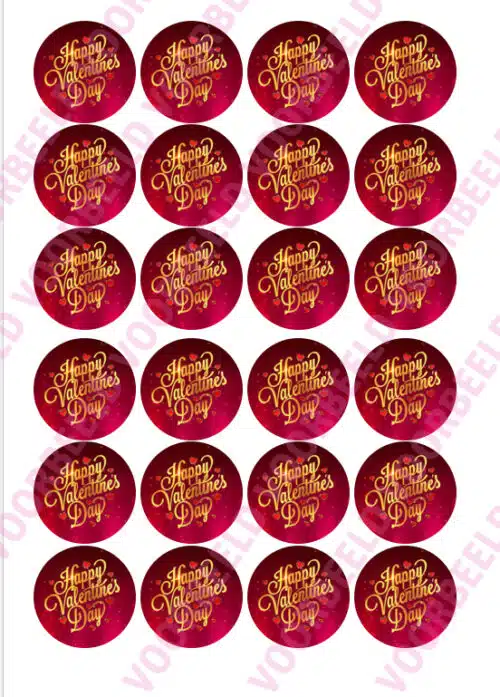 Eetbare cupcakeprint hapy valentines day gold - 24 cupcake rondjes