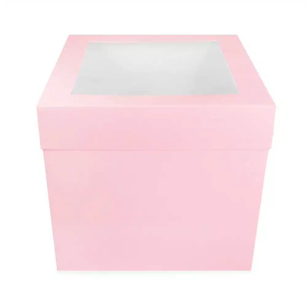 Taartdoos roze met venster 30x30x30 bij cake, bake & love 5 Taartdoos roze met venster 30x30x30