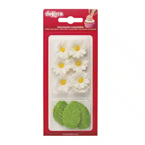 Dekora suikerbloemen witte margrietjes en groen blad 12 stuks