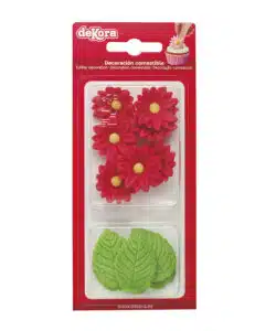 Dekora Suikerbloemen Rode Margrietjes en Groen Blad 12 stuks