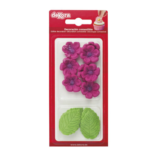 Dekora suikerbloemen fuchsia bloemetjes en groen blad 13 stuks bij cake, bake & love 5