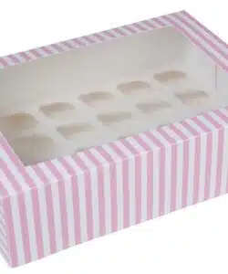 House of Marie MINI Cupcake doos 24 cupcakes roze-wit gestreept met venster