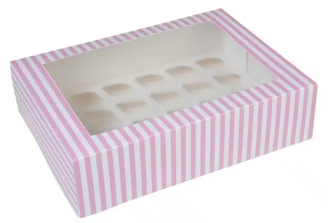 House of marie mini cupcake doos 24 cupcakes roze-wit gestreept met venster bij cake, bake & love 5 House of marie mini cupcake doos 24 cupcakes roze-wit gestreept met venster
