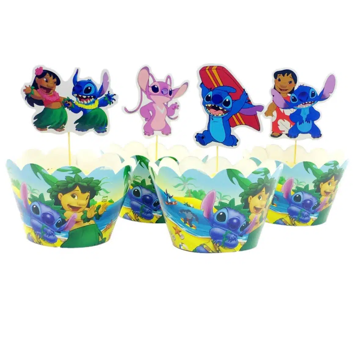 Stitch cupcake wrappers + prikkers set van 12 bij cake, bake & love 5 Stitch cupcake wrappers + prikkers set van 12