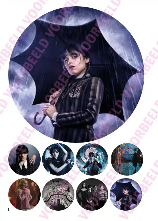 Eetbare taartprint wednesday - 18 cm rond + 8 cupcake rondjes bij cake, bake & love 5 Eetbare taartprint wednesday - 18 cm rond + 8 cupcake rondjes