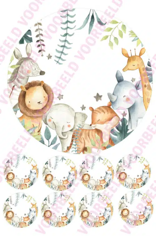 Eetbare taartprint cute jungle - 18 cm rond + 8 cupcake rondjes