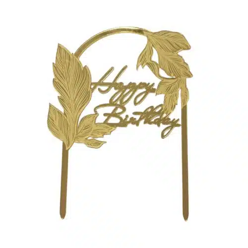 Caketopper happy birthday boog met bladeren goud