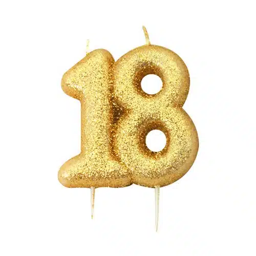 Kaarsje cijfer ’18’ glitter goud (7cm) bij cake, bake & love 5 Kaarsje cijfer ’18’ glitter goud (7cm)