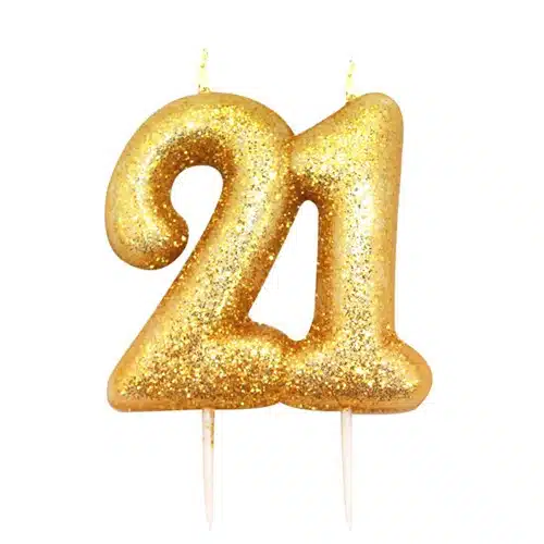 Kaarsje cijfer ’21’ glitter goud (7cm) bij cake, bake & love 5 Kaarsje cijfer ’21’ glitter goud (7cm)