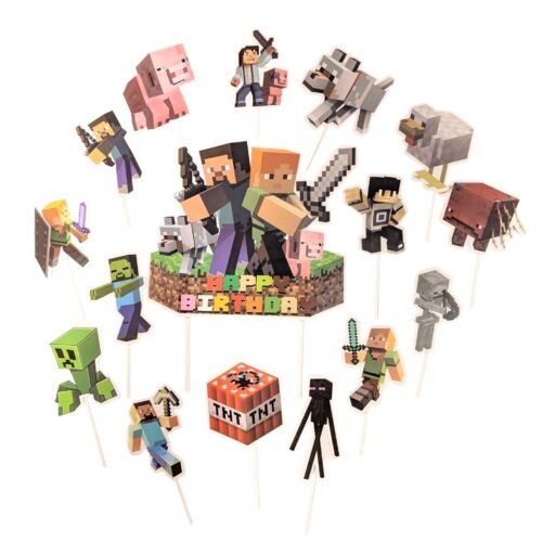 Caketopper + cupcake prikkers minecraft happy birthday