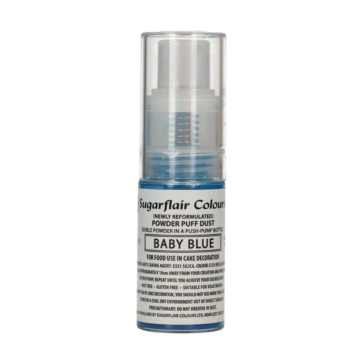 Sugarflair pump spray powder puff dust - baby blue - 10g bij cake, bake & love 5 Sugarflair pump spray powder puff dust - baby blue - 10g