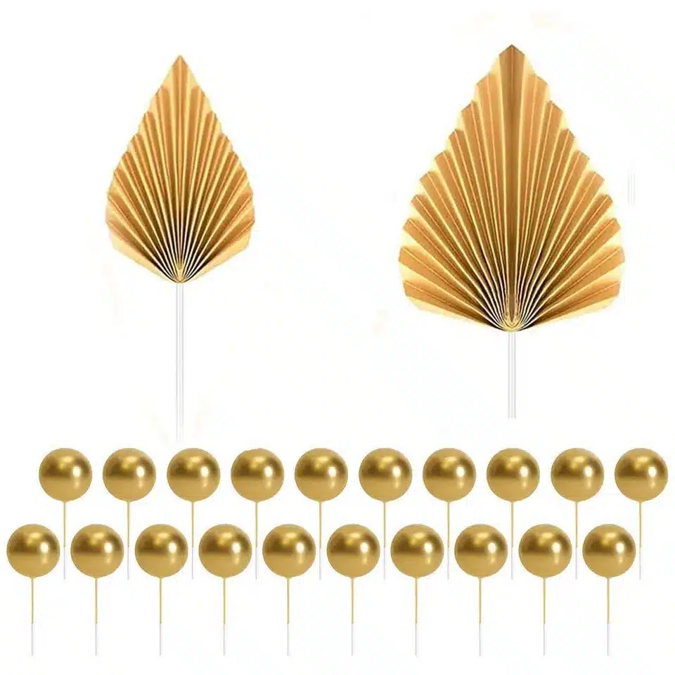 Taartdecoratie set cake bubbles & palm leaf gold pk/22 bij cake, bake & love 5 Taartdecoratie set cake bubbles & palm leaf gold pk/22