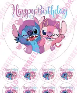 Eetbare Taartprint Stitch & Angel - 18 cm rond rond + 8 cupcake rondjes