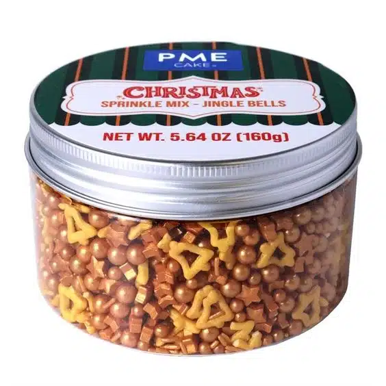 Pme christmas sprinkle mix - gouden belletjes (160g) bij cake, bake & love 5 Pme christmas sprinkle mix - gouden belletjes (160g)