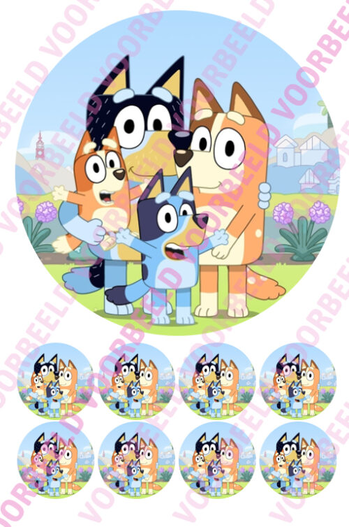 Eetbare taartprint bluey - 18 cm rond rond + 8 cupcake rondjes