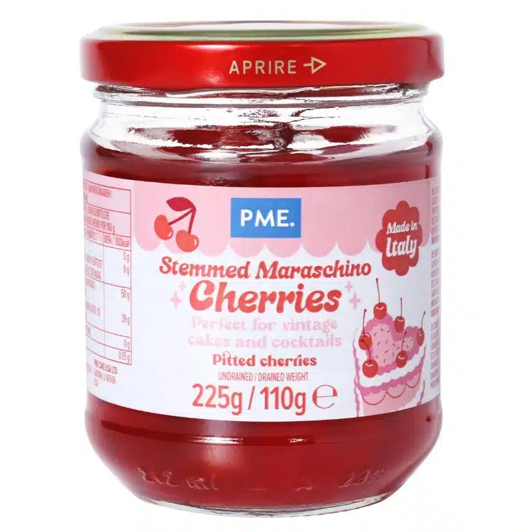 Pme rode maraschino kersen met stelen (225g) bij cake, bake & love 5 Pme rode maraschino kersen met stelen (225g)