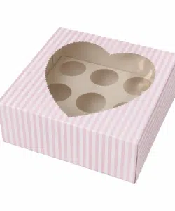 Cupcake doos 8 stuks met venster ROZE-WIT GESTREEPT