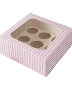 Cupcake doos 8 stuks met vierkant venster ROZE-WIT GESTREEPT