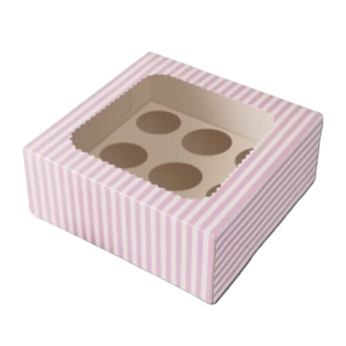 Cupcake doos 8 stuks met vierkant venster roze-wit gestreept