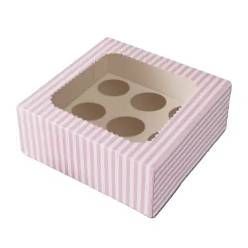 Cupcake doos 8 stuks met vierkant venster roze-wit gestreept