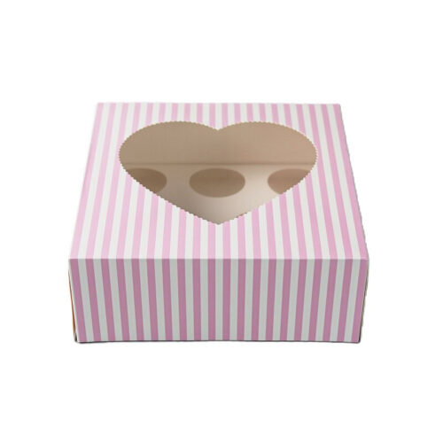 Cupcake doos 8 stuks met hartvorm venster roze-wit gestreept