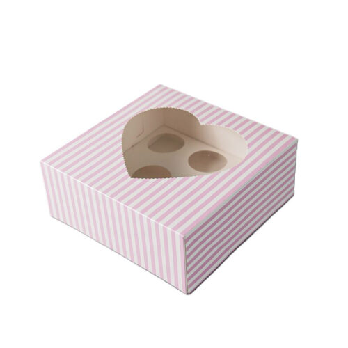 Cupcake doos 8 stuks met hartvorm venster roze-wit gestreept - afbeelding 2