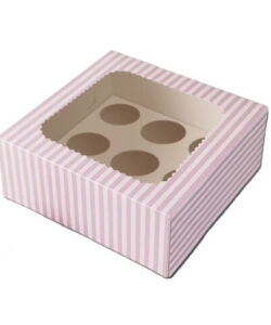 Cupcake doos 8 stuks met venster ROZE-WIT GESTREEPT