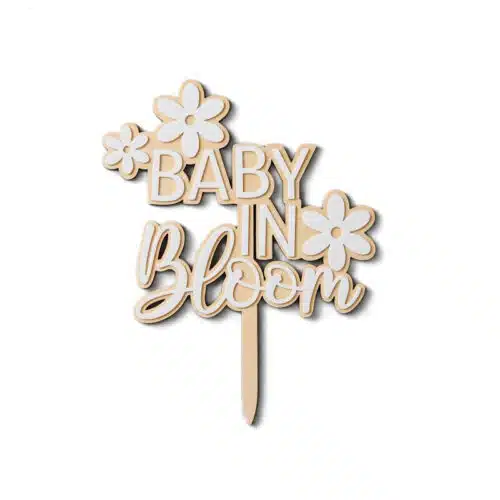 Caketopper hout & wit acryl baby in bloom