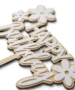 Alternative view of Caketopper Hout & Wit Acryl Happy Birthday