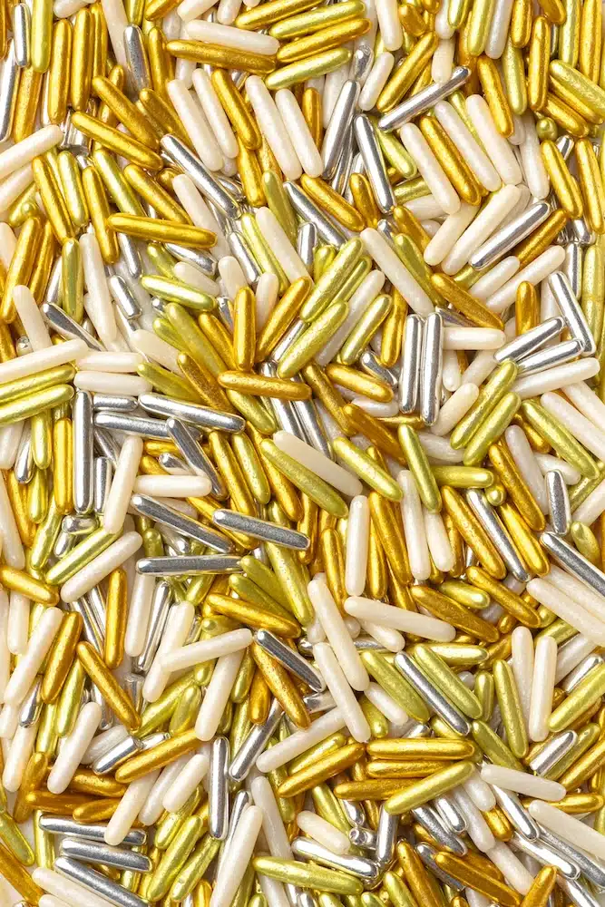 Sprinkley sprinkles - rods white, gold & silver mix 80 gram bij cake, bake & love 5 Sprinkley sprinkles - rods white, gold & silver mix 80 gram
